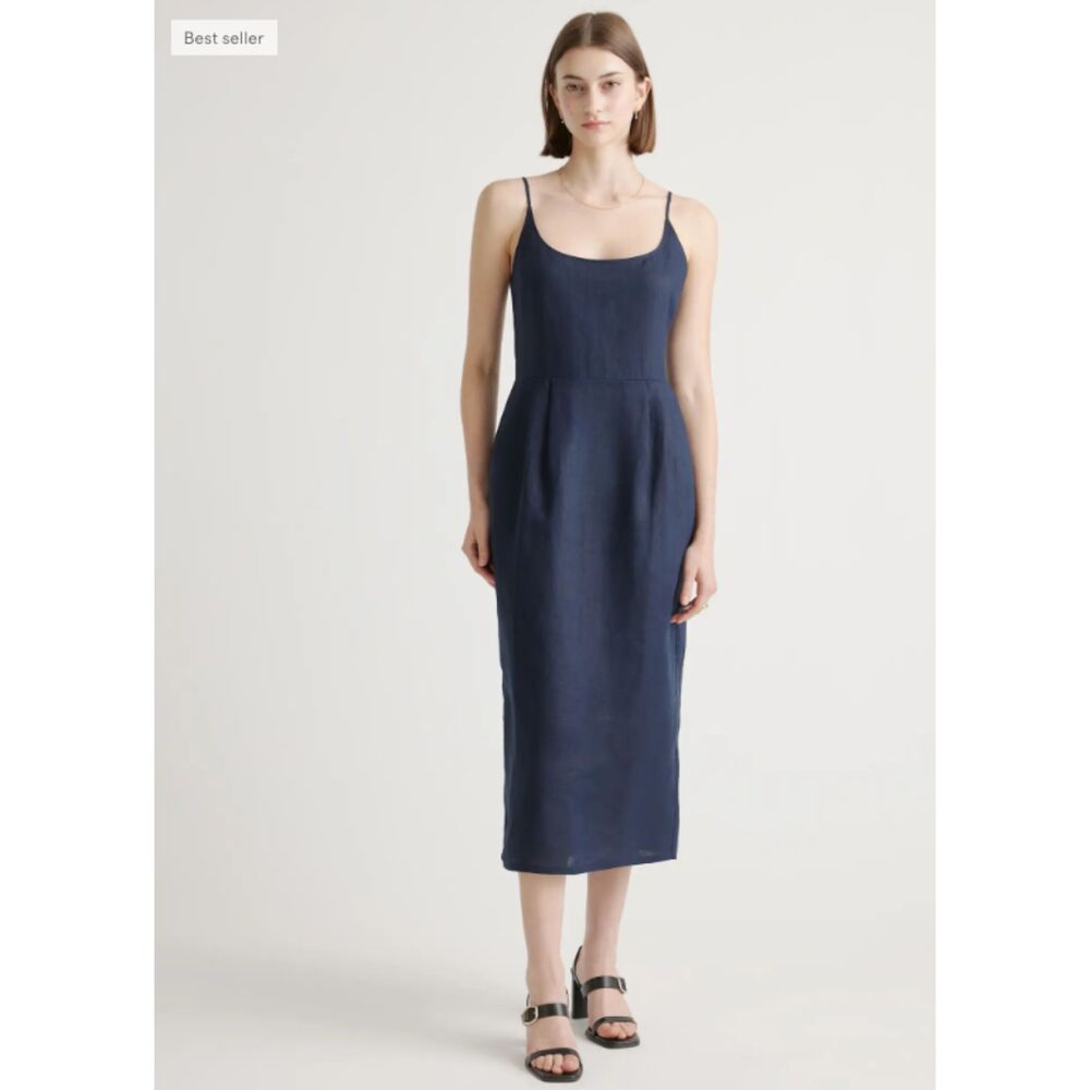 Quince 100% European Linen Scoop Neck Midi Dress Deep Navy XL